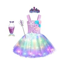Vestido De Festa Infantil Roxo De Sereia Com Luzes LED Tema Marinho Estrela-do-mar Ariel Cosplay