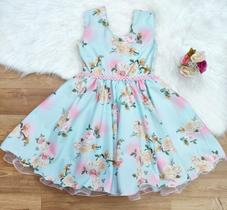 vestido de festa infantil verde tiffany floral rosas