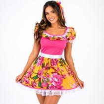 Vestido de Festa Junina Caipira Caipirinha Adulto Rosinha Com Tiara Vestido de Festa Junina Caipira Caipirinha Adulto Rosinha Com Tiara