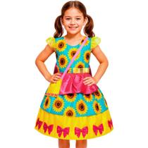 Vestido de Festa Junina Infantil pra Menina Girassol Com Bolsinha