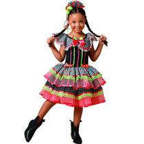 Vestido de Festa Junina Infantil pra Menina Xadrez Preto de Luxo Neon Vestido de Festa Junina Infantil pra Menina Xadrez Preto de Luxo Neon