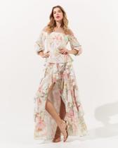 Vestido de festa longo com babados e estampa floral Le Dress Clara
