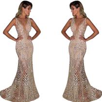 Vestido de Festa Longo com Decote em V e Lantejoulas