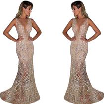 Vestido de Festa Longo com Decote em V e Lantejoulas