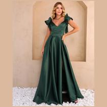 vestido de festa longo, com fenda e decote v.