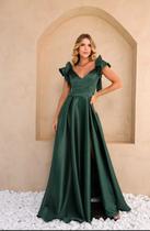 vestido de festa longo, com fenda e decote v.