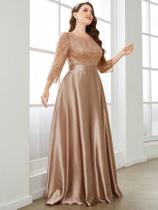 Vestido De Festa Longo Com Manga Comprida E Decote Redondo Em Cetim Com Apliques De Lantejoulas Para