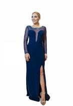 Vestido de Festa Longo Dkreling Manga Longa Azul Marinho
