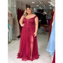 Vestido De Festa Longo Ombro A Ombro Com Brilho E Fenda Plus Size Isabelly