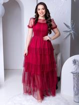 Vestido de Festa Longo Rodado Soltinho com Brilho de Tule Transparente Forrado Moda Evangélica