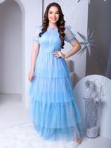 Vestido de Festa Longo Rodado Soltinho com Brilho de Tule Transparente Forrado Moda Evangélica