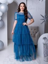 Vestido de Festa Longo Rodado Soltinho com Brilho de Tule Transparente Forrado Moda Evangélica