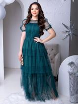 Vestido de Festa Longo Rodado Soltinho com Brilho de Tule Transparente Forrado Moda Evangélica