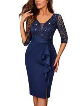 Vestido de festa Miusol, lantejoulas, babados, decote em V, azul marinho