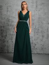 Vestido De Festa Para Madrinhas Com Saia Plissada De Chiffon Prateado E Decote V Profundo Nos Ombros