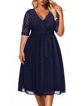 Vestido de festa Pinup Fashion azul marinho, renda, chiffon plus size