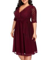 Vestido de festa Pinup Fashion Plus Size Borgonha Red Lace