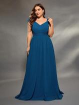 Vestido De Festa plus Size Com Decote Em V, Camada Dupla E Manga Lótus Em Chiffon Para Madrinhas
