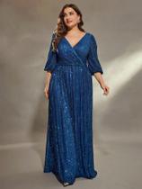 Vestido De Festa plus Size Com Decote Em V E Lantejoulas, Manga Média, Vestido De Gala Para Prom