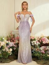Vestido De Festa Romântico Com Decote Halter Profundo Em V, Tule, Cauda De Sereia, Lantejoulas Em Vestido De Festa Romântico Com Decote Halter Profundo Em V, Tule, Cauda De Sereia, Lantejoulas Em