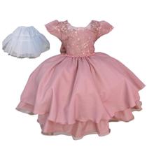 Vestido de festa rose infantil com renda e perolas luxo acompanha saiote