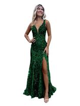 Vestido de formatura CDSSL, lantejoulas, decote em V, verde esmeralda, fenda de sereia Vestido de formatura CDSSL, lantejoulas, decote em V, verde esmeralda, fenda de sereia