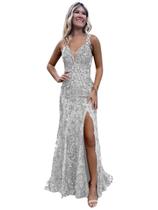 Vestido de formatura CDSSL, lantejoulas, renda, sereia, prata, verde, fenda, decote em V Vestido de formatura CDSSL, lantejoulas, renda, sereia, prata, verde, fenda, decote em V