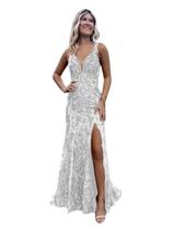 Vestido de formatura CDSSL Sparkly Sparkly Sequin com decote em V, fenda de sereia, branco Vestido de formatura CDSSL Sparkly Sparkly Sequin com decote em V, fenda de sereia, branco
