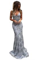 Vestido de formatura Dansiuey Silver, lantejoulas, decote em V, sereia, longo Vestido de formatura Dansiuey Silver, lantejoulas, decote em V, sereia, longo