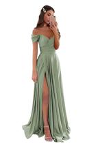Vestido de formatura GODCUN Off Shoulder, cetim, evasê, fenda longa, verde Vestido de formatura GODCUN Off Shoulder, cetim, evasê, fenda longa, verde