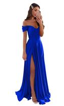 Vestido de formatura GODCUN Off Shoulder, cetim, evasê, longo, azul royal Vestido de formatura GODCUN Off Shoulder, cetim, evasê, longo, azul royal