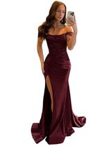 Vestido de formatura Ibpdea Satin Off Shoulder com fenda Burgundy Plus 18