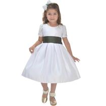 Vestido de Formatura Infantil ABC: Branco e Detalhes Verde Oliva Escuro