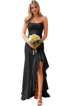 Vestido de formatura Lvloet Mermaid Satin preto com fenda tamanho 6 para mulheres