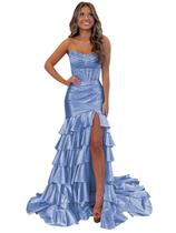 Vestido de formatura Mollyevers Dusty Blue Satin Mermaid Ruffle 2025