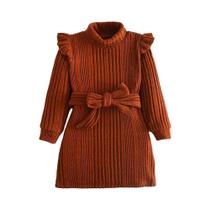 Vestido De Lã Para Meninas Com Gola Alta, Manga Flutuante, Detalhe Em Renda, Tricô, Manga Longa, Vestido De Lã Para Meninas Com Gola Alta, Manga Flutuante, Detalhe Em Renda, Tricô, Manga Longa,