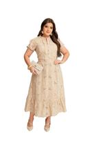 Vestido de Lese Bordado Midi Moda Evangelica Cor:BegeTamanho:P