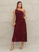 Vestido de Linho com Detalhe Assimétrico Bolsos Fenda Lateral