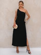 Vestido de Linho Ombro Único com Fenda Lateral Sofisticada
