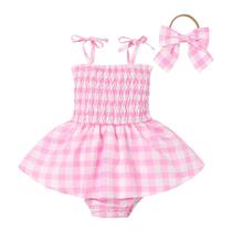 Vestido de macacão FYMNSI para meninas rosa guingão 6-9M