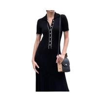 Vestido De Malha Branco Com Patchwork Para Mulheres, Manga Curta, Elegante, Cintura Alta, Vestido De