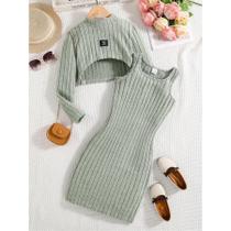 Vestido De Malha De Manga Longa Em Cores Sólidas Para Meninas, Moda Primavera-Outono, Vestido Casual Vestido De Malha De Manga Longa Em Cores Sólidas Para Meninas, Moda Primavera-Outono, Vestido Casual