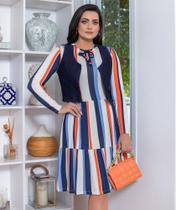 Vestido de malha listrado com colete jeans Vestido de malha listrado com colete jeans