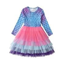 Vestido De Manga Comprida Com Estampa De Sereia Para Meninas, Vestido Tutu De Tule Em Camadas