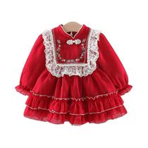 Vestido de manga comprida princesa com botão panela bordado, vestido feminino, estilo chinês, outono Vestido de manga comprida princesa com botão panela bordado, vestido feminino, estilo chinês, outono