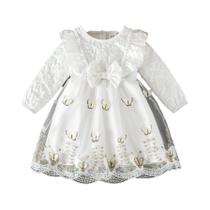 Vestido De Manga Longa Em Renda De Malha Branca Com Bordado De Borboleta Para Meninas De 0 a 3 Anos