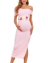 Vestido de maternidade AISWI Mesh Split Off Ombro Franzido Rosa