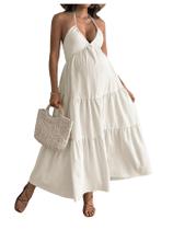 Vestido de maternidade Milumia com decote em V sem encosto Halter Maxi Apricot Vestido de maternidade Milumia com decote em V sem encosto Halter Maxi Apricot