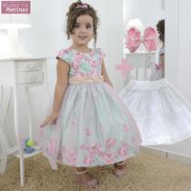 Vestido de Menina Floral Verde Água + Laço Cabelo + Saia de Armação