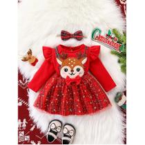 Vestido De Natal Para Meninas Bebês Com Aplique De Rena Vermelha E Saia De Tule Xadrez De Manga